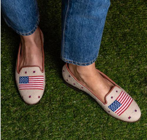 ByPaige Amercian Flag on Tan Needlepoint Loafers  Apparel & Accessories > Shoes > Loafers