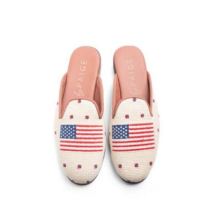 By Paige Needlepoint Tan with American Flag Mule  Apparel & Accessories > Shoes > Clogs & Mules