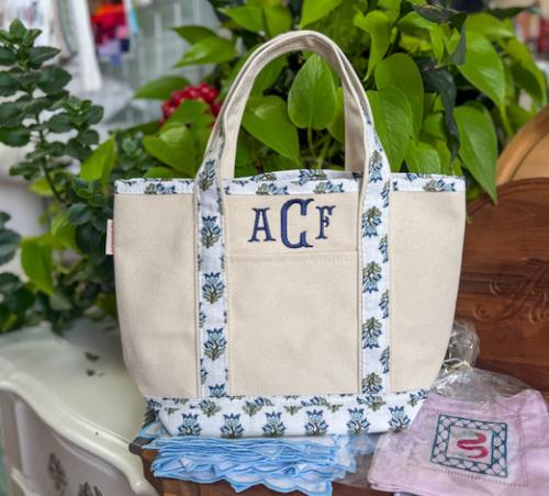 Monogrammed Handy Block Print Open Tote Aqua-SHIPS LATE AUGUST  Luggage & Bags > Shopping Totes