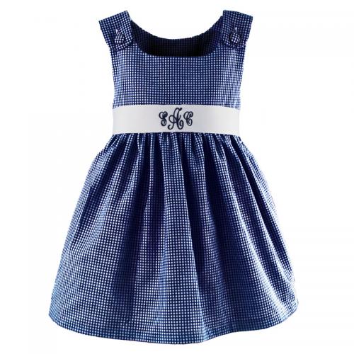 Monogrammed Girl's Navy Gingham Dress