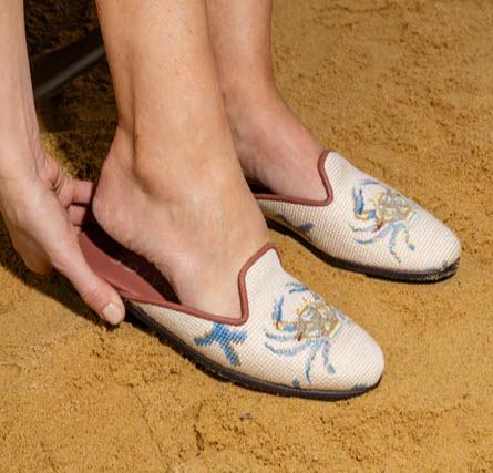 ByPaige Ladies Needlepoint Crab on Tan Mules   Apparel & Accessories > Shoes > Clogs & Mules