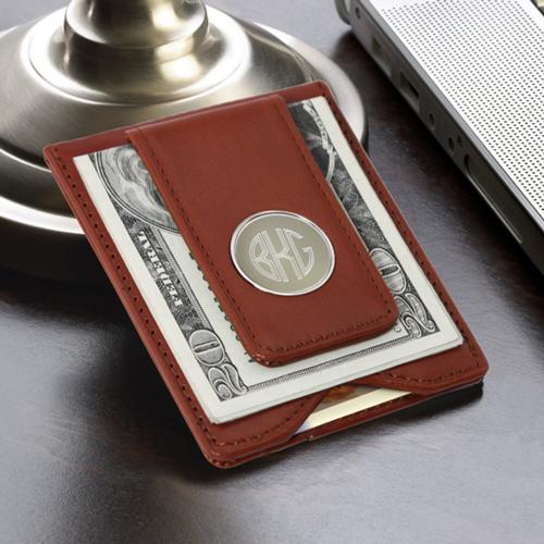 Monogrammed Leather Magnetic Money Clip With Card Holde