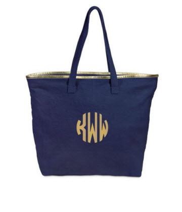 Monogrammed Navy Tote With Gold Trim